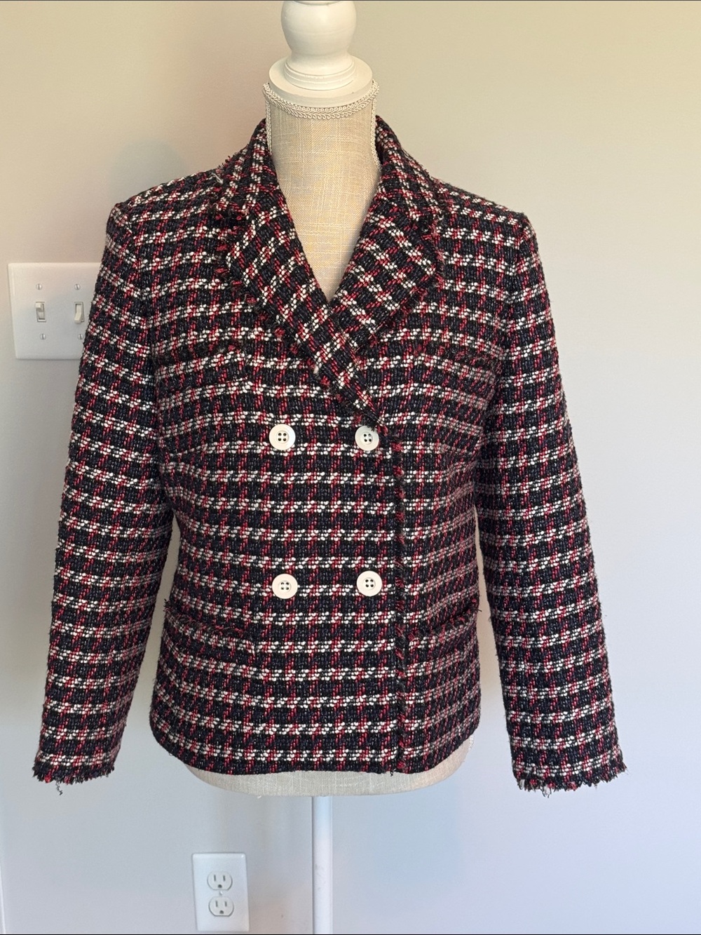 Womens Black & Red Tweed Double-Breasted Jacket